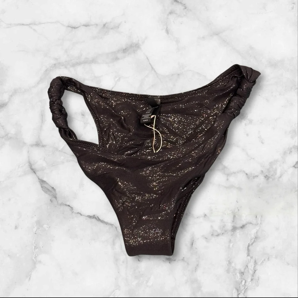 NWT Skims Liquid Shine Swim Knotted‎ Cheeky Tanga Bikini Bottom Onyx Size Medium